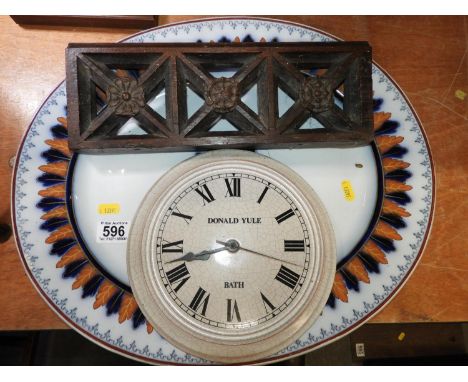 Large Meat Plate, Treen Carved Panel and Wall Clock 