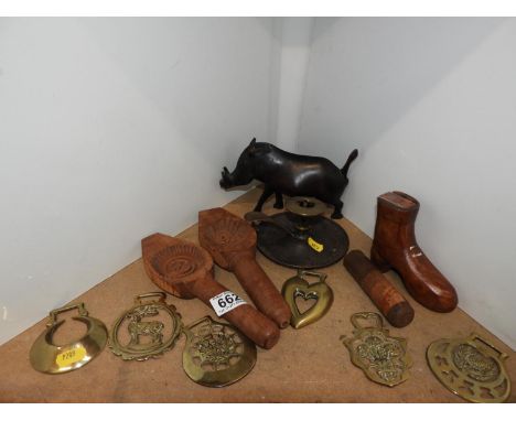 Candlestick, Brassware and Treen Boot Snuff Box etc 