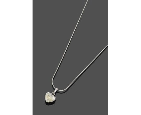 A Diamond Pendant on Chain, the heart shaped diamond in a white claw setting, on a white snake link chain, estimated diamond 