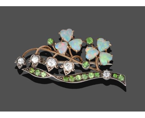 An Opal, Diamond and Demantoid Garnet Brooch, in the form of lily of the valley, with two trefoils formed of heart shaped cab