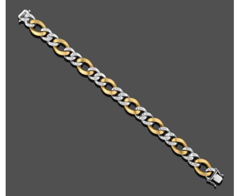 An 18 Carat Two-Colour Gold Diamond Set Flat Curb Link Bracelet, pairs of white links inset with four round brilliant cut dia