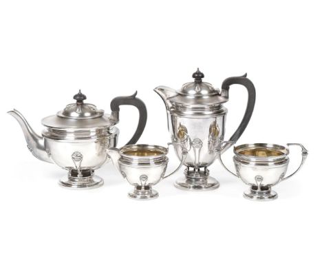 A Three-Piece George V Silver Tea-Service and a Hot-Water Jug En Suite, The Tea-Service by S Blanckensee and Son Ltd., Cheste