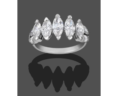 A Diamond Five Stone Ring, the graduated marquise cut diamonds to marquise cut diamond set shoulders in the opposite orientat