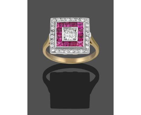 An Art Deco Style Ruby and Diamond Ring, the central old cut diamond in a white claw setting, to a border of step cut rubies 