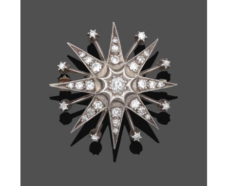 A Diamond Star Brooch, circa 1880, an old cut diamond centres eight radial arms with graduated eight-cut diamonds set through