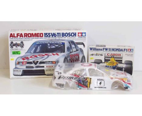 Tamiya Alfa Romeo 155 V6 TI Bosch 1/10 scale assembled kit, also a Williams FW11 Honda F-1 1:20 unbuilt kit, and a Nissan car