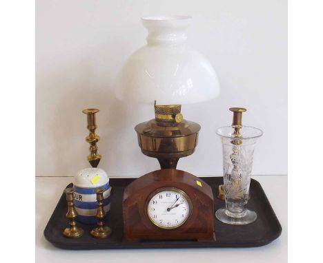 Mahogany inlaid mantel clock, glass vase, T.G. Green Cornish ware flour pot, brass candlesticks and a lamp Condition report: 