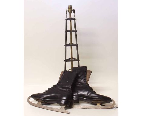 Table lamp in the form of an oil well by 'brass art ware' and paid 'Randall' ice skates, blades by John Wilson, Sheffield Con