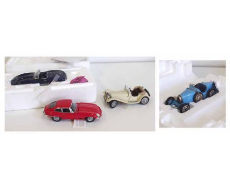Franklin Mint 1:24 scale models to include a 1965 Corvette Mako Shark, also a Bugatti 1924 Type 35, and an 1961 E-Type Coupe,