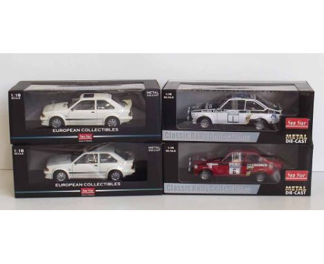 Four boxed Sun Star 1:18 scale Ford Escort RS Turbo diecast cars, to include model numbers 4431, 4432, and two copies of 4961