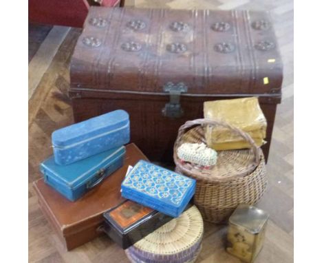 Tin travelling trunk containing a small leather suitcase and other wicker work. Condition report: see terms and conditions