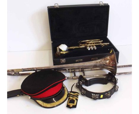 Boosey and Hawkes Imperial trombone, also a King 602 Cornet, a tambourine, and a pair of Royal Navy epaulettes and a peaked c