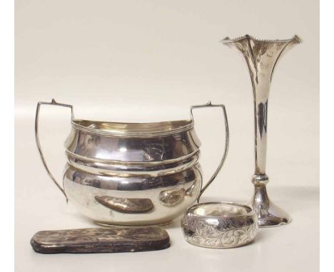 Silver sucrier, spill vase, napkin ring and a box cover Condition report: see terms and conditions