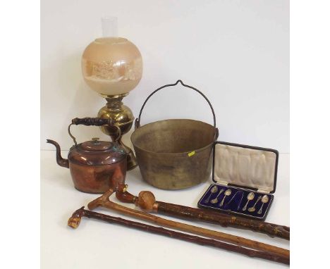 Brass jam kettle, copper kettle, oil lamp case, silver spoon and 4 walking sticks Condition report: see terms and conditions