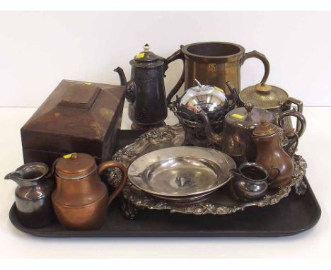 Brass 1/2 gallon measure, collection of various plated and copper ware, and a rosewood tea caddy Condition report: see terms 