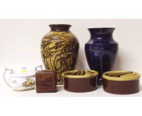 Denby vase, Gladstone vase and two bowls, chest of drawers money box and a sucrier Condition report: see terms and conditions