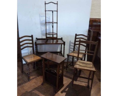 Oak barley-twist trolley, pair of oak barley-twist ladder-back chairs, magazine rack, bedroom chair and afternoon tea stand. 