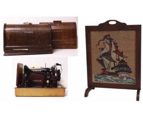 2 Singer + 1 Vickers sewing machines and firescreen Condition report: see terms and conditions