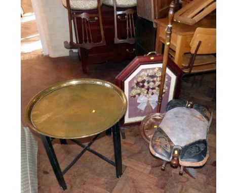 Modern camel stool, brass topped table, copper warming pan and firescreen Condition report: see terms and conditions
