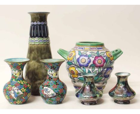 Crown Ducal Charlotte Rhead vase, Royal Doulton stoneware vase, pair of Lawleys vases and another pair of Longwy type vases C