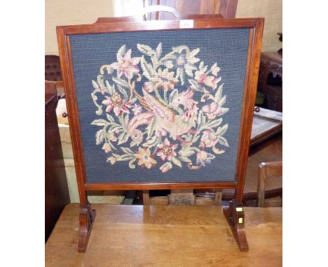 Edwardian mahogany and inlaid firescreen enclosing adjustable woodwork panel Condition report: see terms and conditions