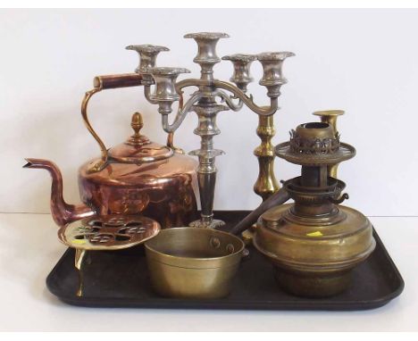 Georgian copper kettle, pair brass candlesticks, oil lamp, saucepan, trivet and plated candelabra. Condition report: see term