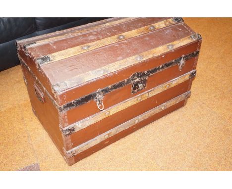 Vintage wooden bound dome top rexine trunk 