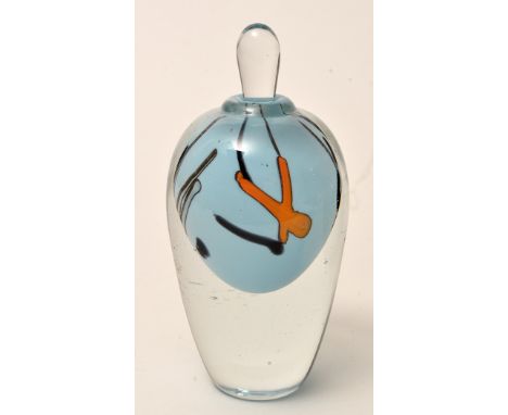 Marjorie Pearl: a glass scent bottle, with blue sommerso decoration with orange and black stripes, signed and dated '1982' to