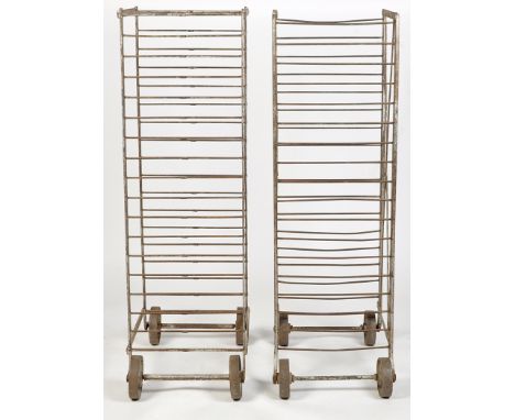 A pair of vintage metal baker's proving trolleys, 55 x 173cms.