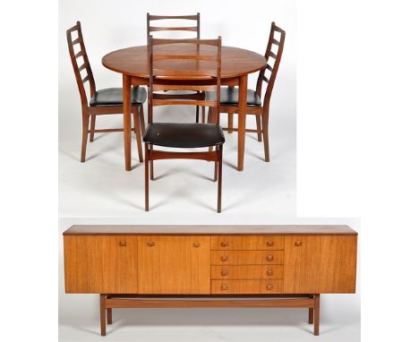 A Danish teak six-piece dining room suite, comprising: a sideboard with an arrangement of cupboards and drawers, 214 x 46 x 7