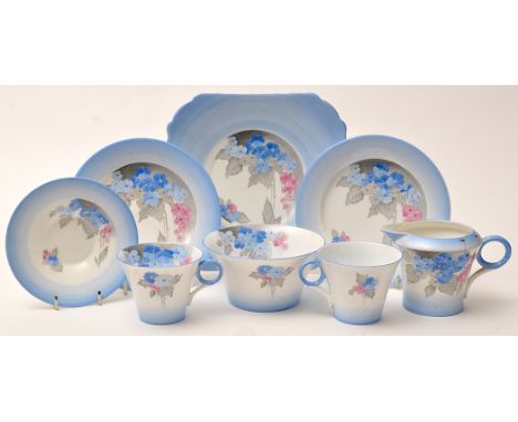 Shelley: an Art Deco Phlox pattern part tea service, comprising: six tea cups and saucers, a milk jug, sugar bowl, six tea pl