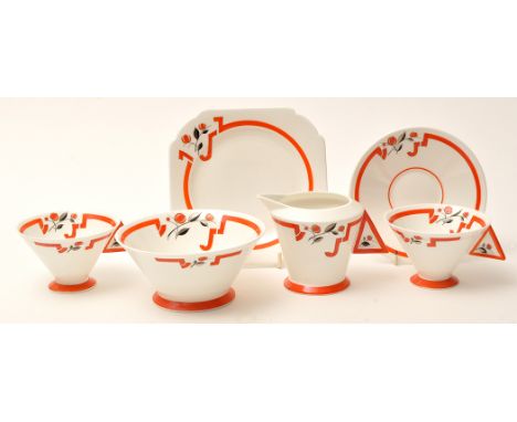 Shelley: an Art Deco 'Vogue' part tea service, in 'J' pattern, decorated with floral sprays in black orange, comprising: eigh