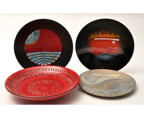 Alan Clarke, for Poole: Two studio pottery plates, 'Jupiter', from 'The Alignment of The Planets' series and 'Millennium', bo