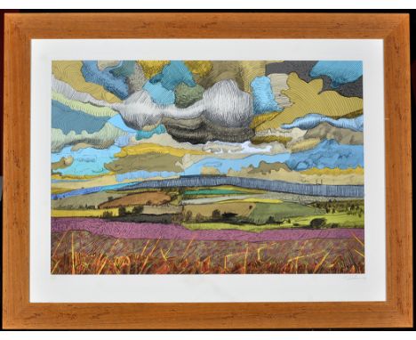 Ron DerhamA panoramic landscape under a cloud-filled sky,signed and dated '05 in pencil,colour lithograph, artist's proof,68.