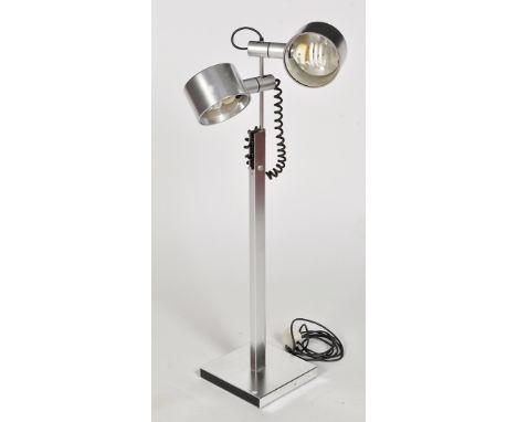 Mid 20th Century metal floor lamp, with rectangular base, shaped rectangular section stem and two adjustable lights.