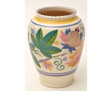 Hilda Hampton, for Poole: an ovoid pottery vase with stylised floral design, impressed factory mark and '195' and inscribed M
