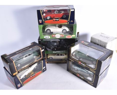 1:18/1:24 Scale 1950s/60s Jaguars, a boxed collection includes 1:18 scale Burago 3018 E Coupe (3), 3016 E Cabriolet, Britain'