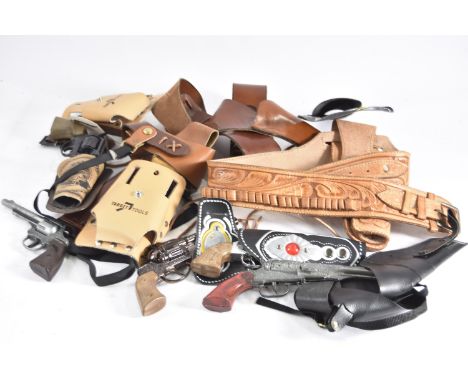 Wild West Toy Guns and Leather Cowboy Holsters and Belts, Lone Star Taiwan Rapido 8 Twin Set each with decorative holsters, S
