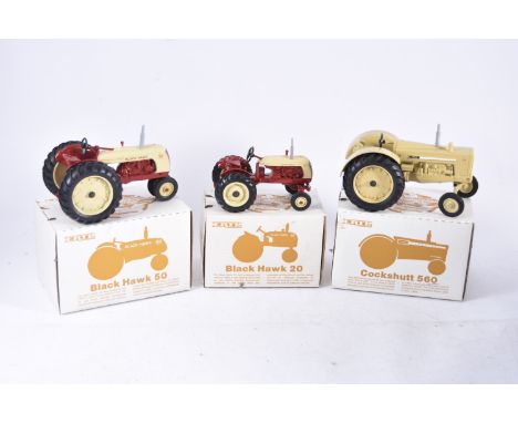 ERTL Diecast Tractors, three boxed examples 1:16 scale 2960 Cockshutt 560, 2880 Black Hawk 50 and 2810 Black Hawk 20, G-E, Bo