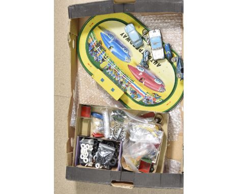 Auto Speedway Tin Race Set various Corgi Dinky and other makers spares including Tyres and tinplate cars, Automatic Toy Co Sp