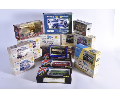Corgi and Other Buses and Trams, a boxed collection of vintage and modern double deck buses and trams, many boxes faded but c