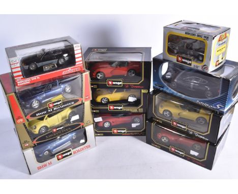 1:18 Scale and Smaller Diecast Models, a boxed collection includes 1:19 scale models by Burago 3369 BMW M Roadster, 3349 BMW 