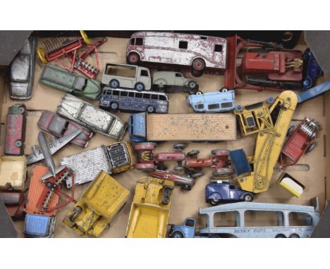 Post-war Playworn Dinky Vehicles, a collection of vintage tractors, cars, commercial vehicles and aircraft, P-F, (30)