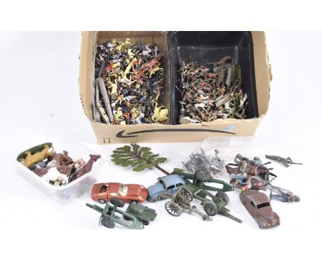 Collection of Airfix plastic Figures Metal small Wargaming and larger Figures and Animals early Dinky cars and various Army F