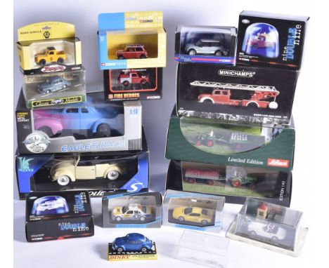 Modern Diecast Vehicles, a boxed collection includes Dinky 129 VW 1300 Sedan (case cracked), Minichamps 3020 Mercedes Rally a