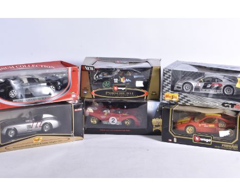 1:18 Scale Competition and Show Car, a boxed group of six includes Maisto GT Racing 38848 Mercedes CLK-GTR, 36887 Mercedes Be