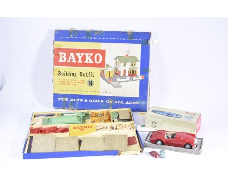 Tri-ang Minic 1:20 Series MGA Bayko and Lego 1960's VW Beetles, Tri-ang red battery operated MGA, in original box, F, windscr