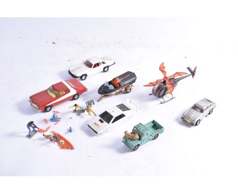 Unboxed or Playworn Corgi Diecast Models From TV and Film, includes Batcopter, Bat Boat (damaged), Daktari Landrover, James B