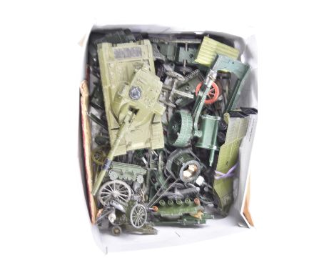 Box load of mainly Britains and Dinky military vehicles and guns etc,  plus a few accessories, all incomplete (20+)