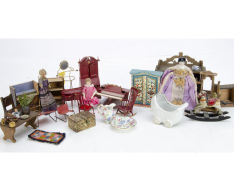 A small quantity of dolls' house furniture,  1900 to 1960s, many pieces for repair or spares; two Alberon dolls' house dolls 